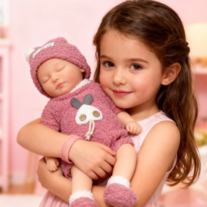 Reborn doll girl holding a Shrek-themed silicone toy doll, realistic baby doll for collectors and ch.