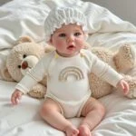 Reborn doll baby in cream outfit with rainbow embroidery, wearing bonnet, sitting with teddy bear.