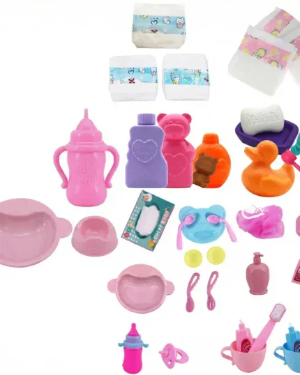 Příslušenství pro sady pro reborn panenky včetně lahviček, dudlíků, hraček do koupele a nástrojů pro péči o nadšence do panenek.