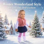 Muñeca reborn vestida con ropa de invierno, chaleco rosa, falda azul marino y botas blancas, perfecta para las vacaciones.