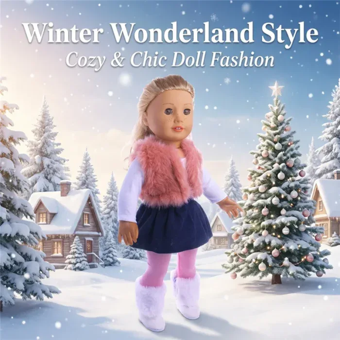 Muñeca reborn vestida con ropa de invierno, chaleco rosa, falda azul marino y botas blancas, perfecta para las vacaciones.