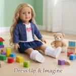 Obleček pro znovuzrozenou panenku, který obsahuje stylové šaty, džínovou bundu a pohodlné bílé boty, ideální pro 17-18 let.