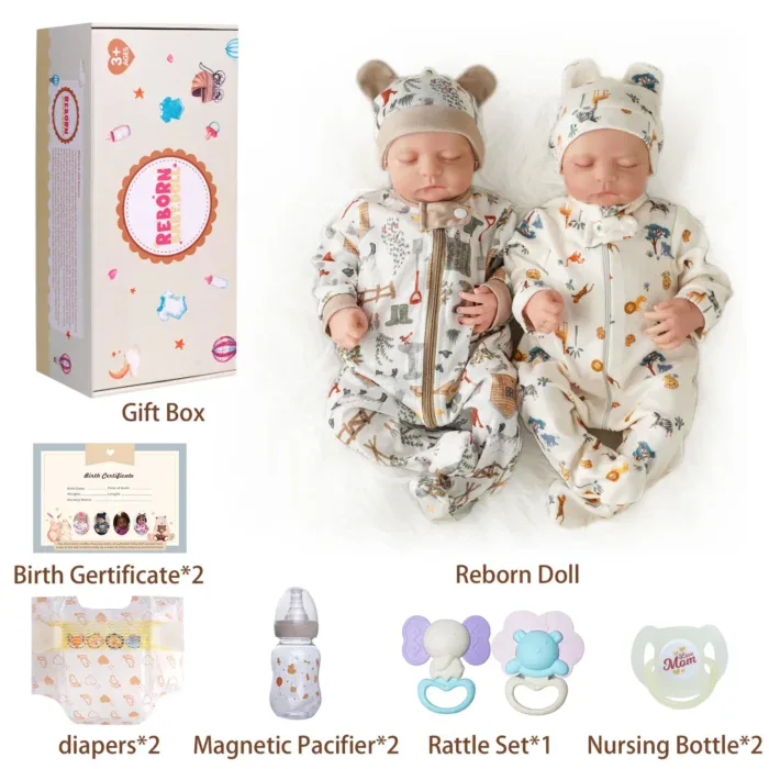 Rozkošné reborn panenky dvojčata s realistickými rysy, měkkými látkovými těly a detailními oblečky do sbírky.