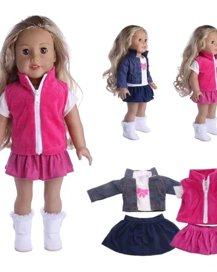 Roztomilá sada oblečení pro reborn panenky s růžovým tílkem, sukní a džínovou bundou o velikosti 47-46 cm. Ideální pro...