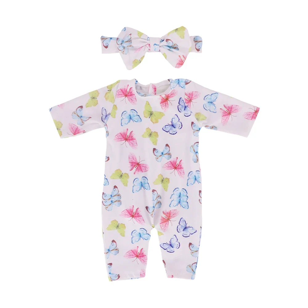 Oblečení a doplňky Reborn pro 18palcové panenky miminek 46 Roztomilý kostýmek pro reborn panenku s motýlím potiskem a čelenkou.