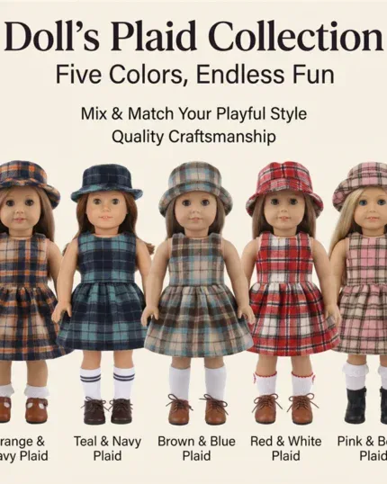 Sada oblečení pro panenky American Girl pro 45cm reborn panenky, kostkované šaty s odpovídajícími klobouky.