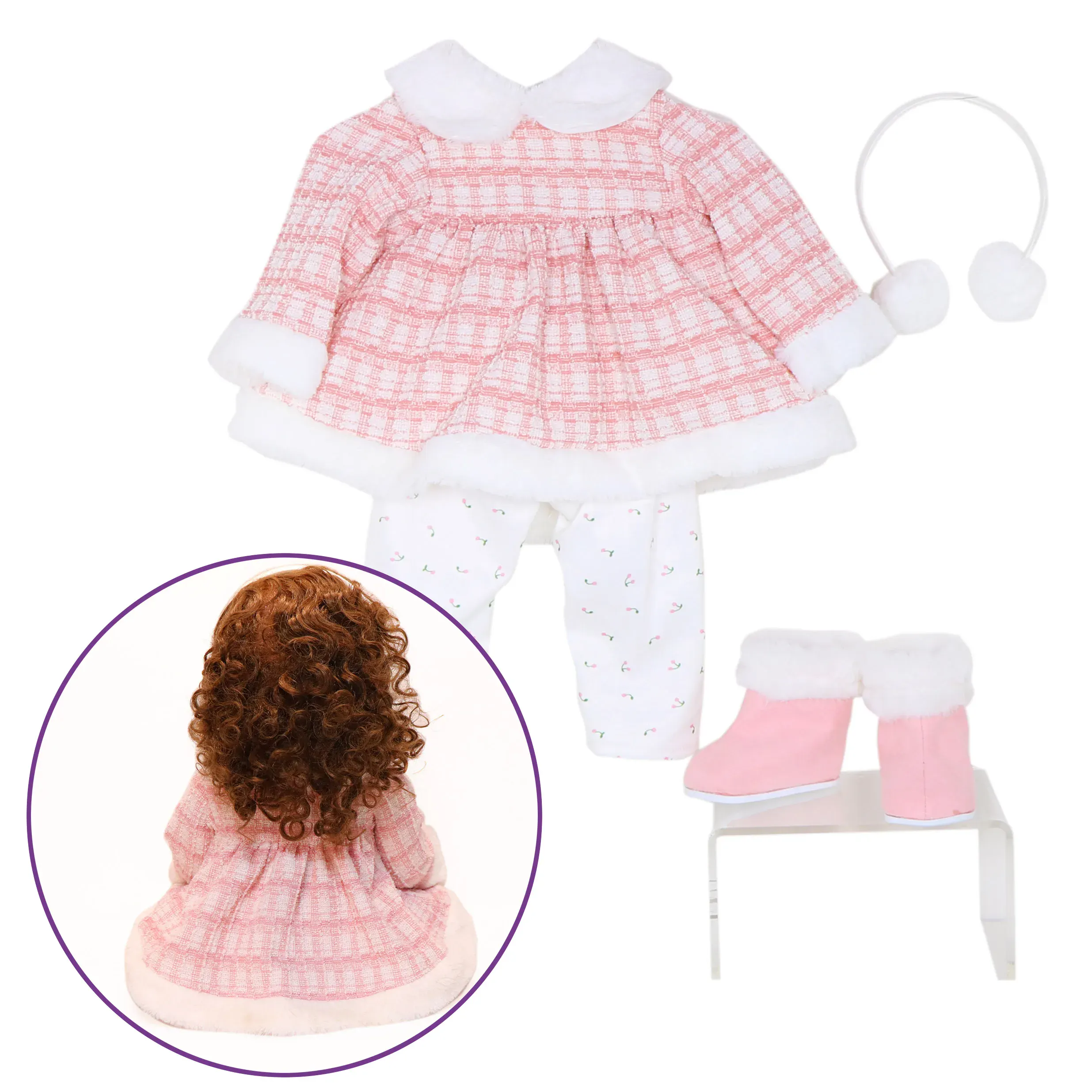 Ručně vyráběné oblečení a sady šatů pro reborn panenky o velikosti 20-22 palců (108 ks) Obleček pro reborn panenku s růžovými šaty, bílými legínami a odpovídajícími botami pro panenky o velikosti 20-22 palců.