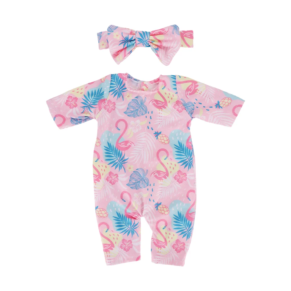Oblečení a doplňky Reborn pro 18palcové panenky miminek 42 Oblečení Reborn pro 45cm panenky s motivem růžových plameňáků a tropických listů, včetně párování.