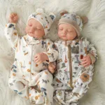 Reborn baby twins dressed in adorable pajamas with hats, showcasing lifelike features and soft fabri.
