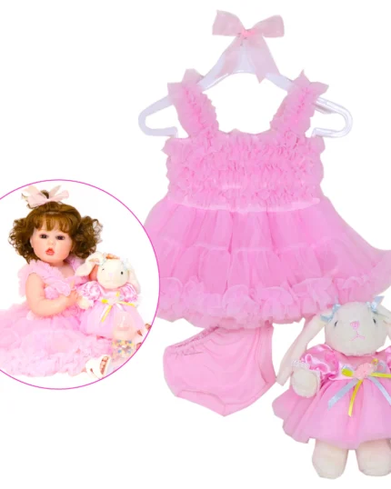 Růžová sada šatů pro princeznu Reborn s odpovídající plyšovou hračkou a doplňky pro ručně vyráběnou panenku o velikosti 20-22 palců.