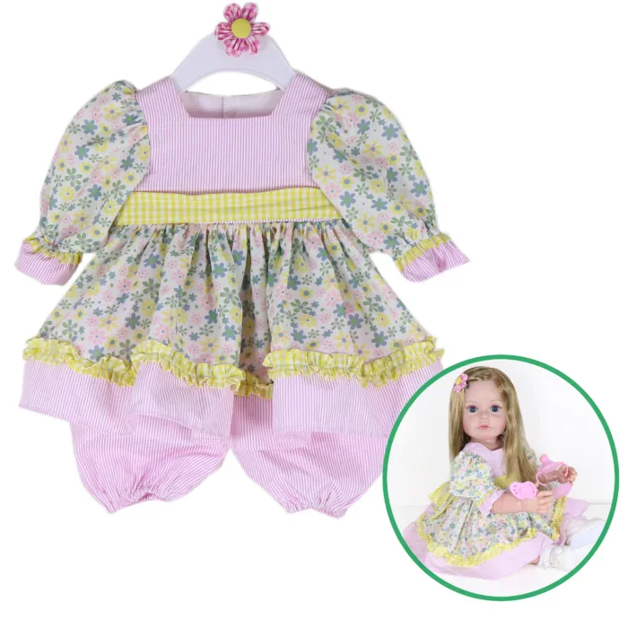 Sada princeznovských šatů pro reborn dollku s květinovým topem a růžovými kalhotkami, ideální pro panenky o velikosti 20-22 palců.