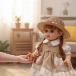 Muñeca bebé con rasgos realistas, vestida con un vestido de estilo vintage y un sombrero de paja.