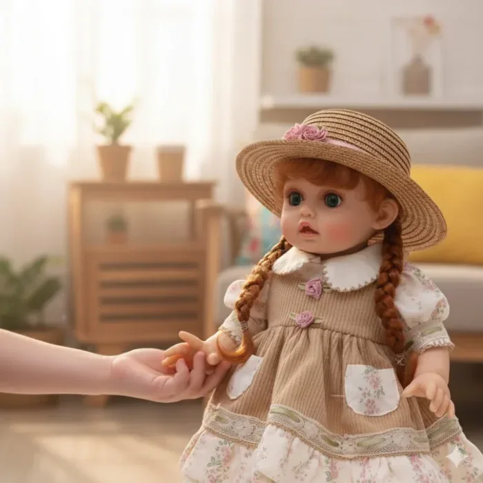 Muñeca bebé con rasgos realistas, vestida con un vestido de estilo vintage y un sombrero de paja.