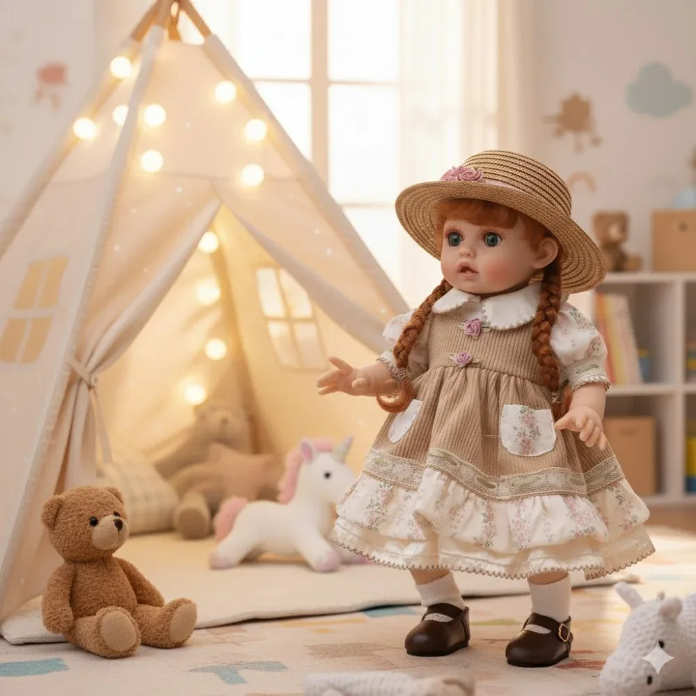 Kits de muñecas reborn Elie Niña Pastoral 18 pulgadas Vinilo 15 Muñeca bebé vestida con un vestido de estilo vintage y un sombrero de paja en un acogedor ambiente infantil.