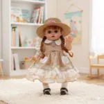 Muñeca reborn con cabello trenzado, sombrero para el sol y vestido vintage en una habitación infantil.