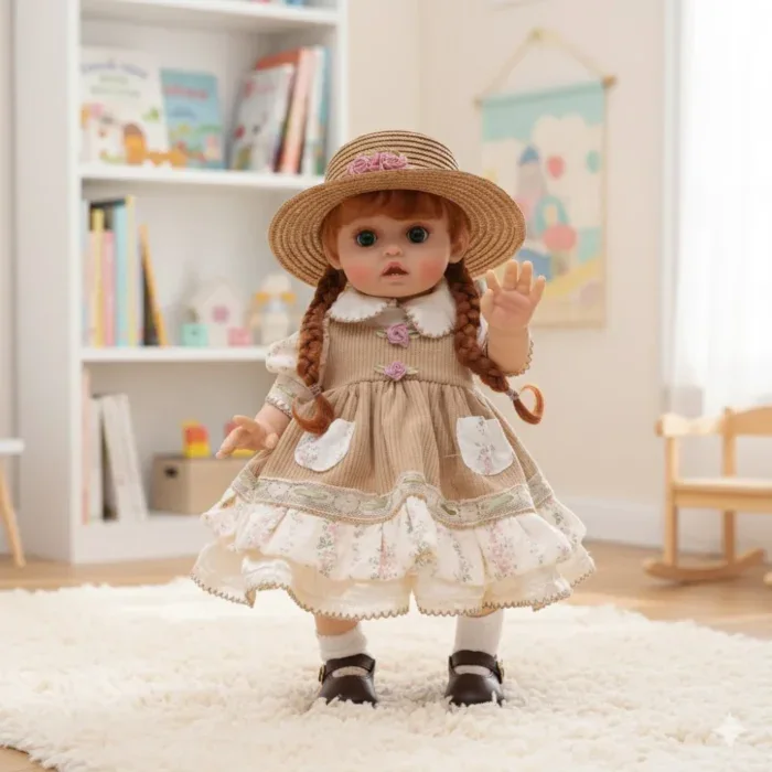 Muñeca reborn con cabello trenzado, sombrero para el sol y vestido vintage en una habitación infantil.
