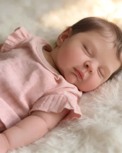 Reborn doll sleeping peacefully on soft surface, realistic baby doll for collectors and children.