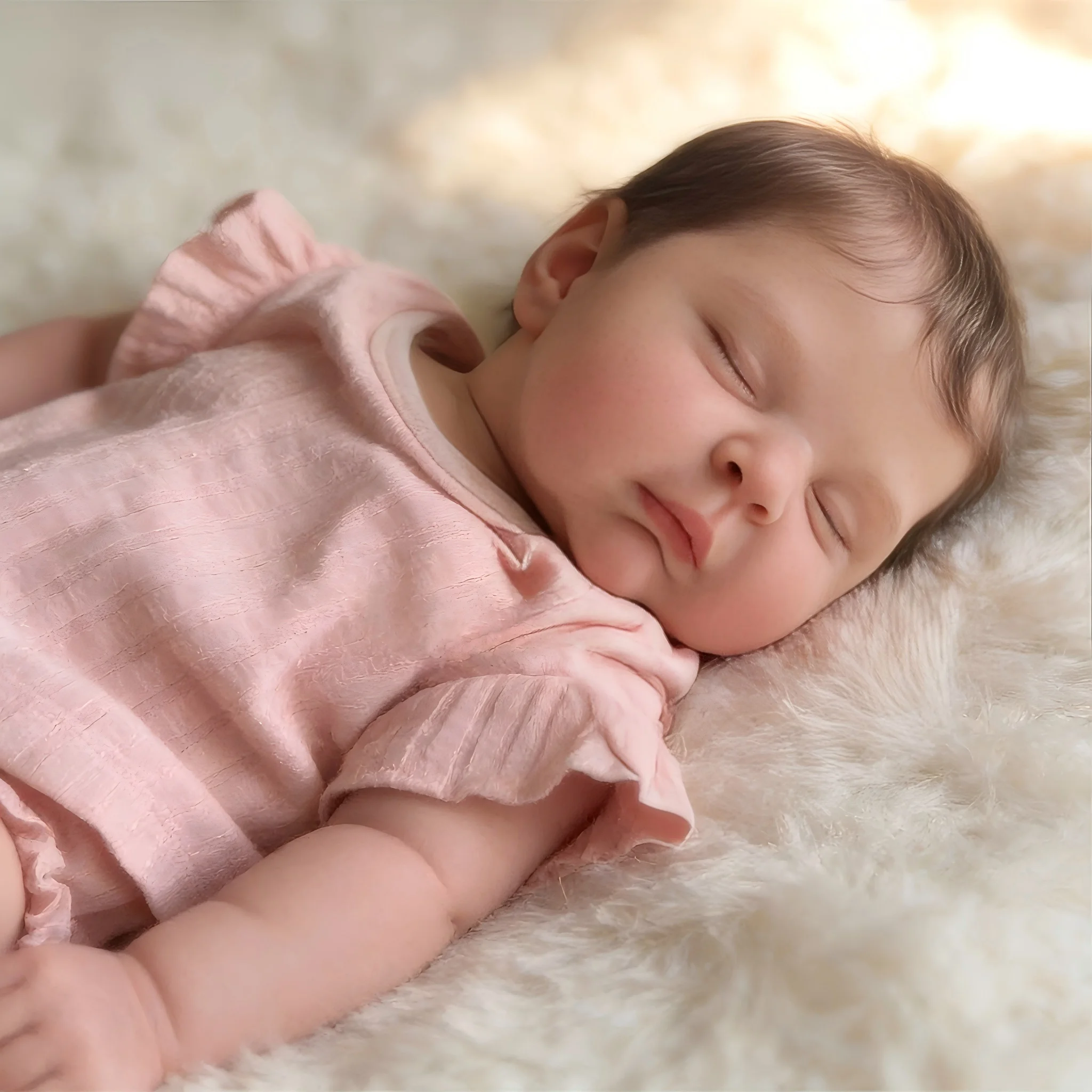 Sweet Baby Reborn Doll Sleeping in Pink Outfit Reborn doll sleeping peacefully on soft surface, realistic baby doll for collectors and children.
