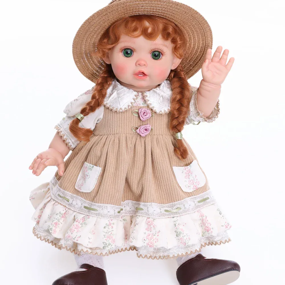 Kits de muñecas reborn Elie Niña Pastoral 18 pulgadas Vinilo 17 Muñeca reborn con vestido de estilo vintage y sombrero de paja, muñeca realista para coleccionistas.