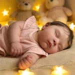 Reborn doll sleeping peacefully with soft lighting and plush toys in the background. Perfect for col.