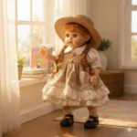 Muñeca bebé realista con sombrero de paja y vestido vintage, perfecta para coleccionistas y niños.