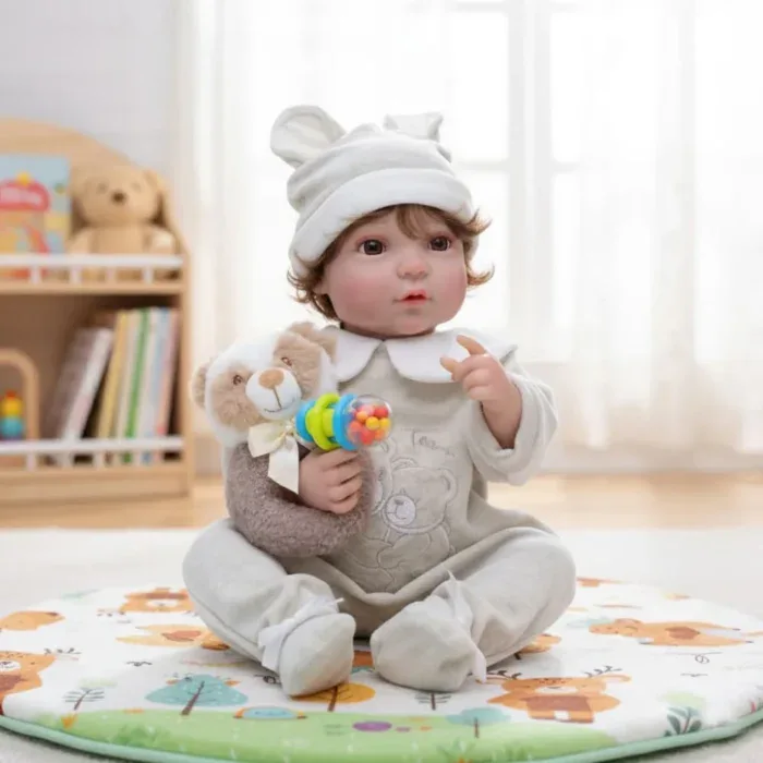 Reborn baby doll with lifelike features, dressed in cozy outfit, holding a plush teddy bear, in a br.