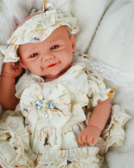 Baby girl in a ruffled, floral dress with a matching hat, lying on a soft blanket.