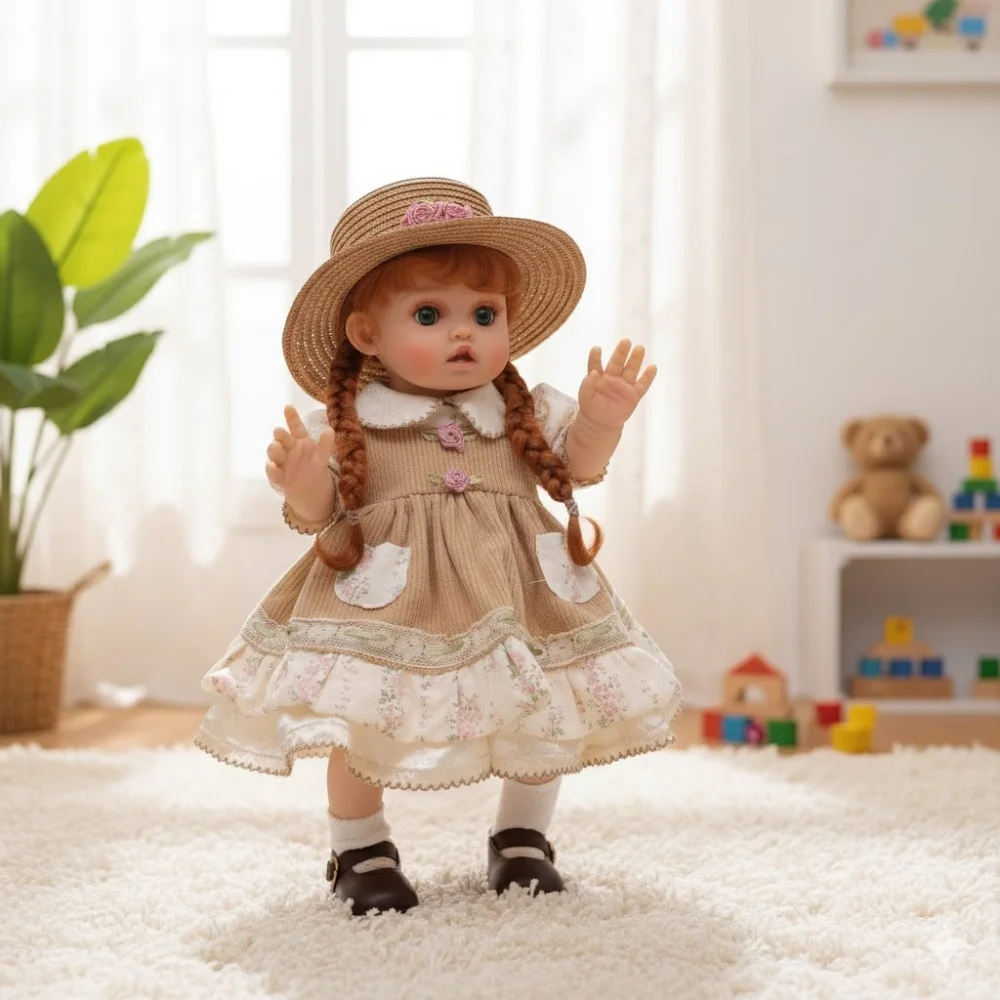 Kits de muñecas reborn Elie Niña Pastoral 18 pulgadas Vinilo 16 Muñeca bebé con vestido vintage y sombrero, fondo infantil, juguetes de madera.