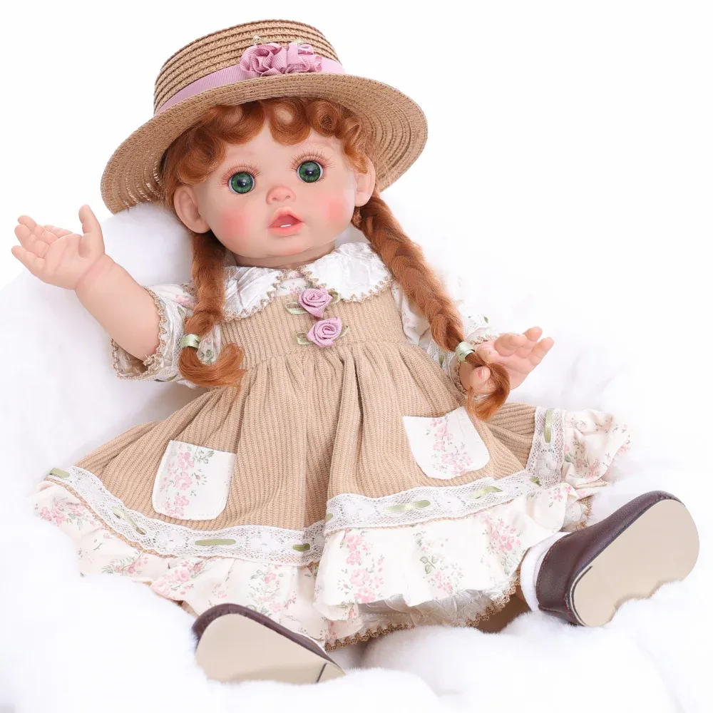 Kits de muñecas reborn Elie Niña Pastoral 18 pulgadas Vinilo 18 Muñeca bebé realista con vestido vintage y sombrero de paja, perfecta para coleccionistas y niños.