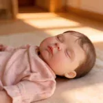Reborn baby doll lying peacefully on a soft surface, showcasing realistic features and lifelike deta.