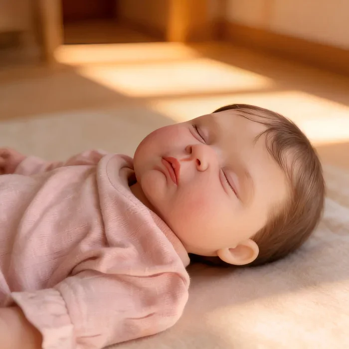 Reborn baby doll lying peacefully on a soft surface, showcasing realistic features and lifelike deta.