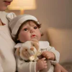 Realistic baby reborn doll holding teddy bear, soft plush toy, lifelike nursery baby.