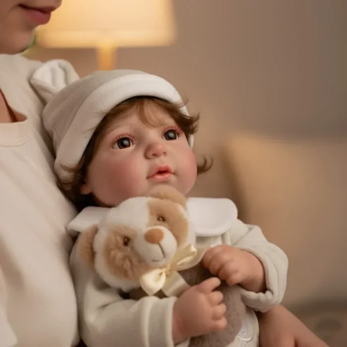 Realistic baby reborn doll holding teddy bear, soft plush toy, lifelike nursery baby.