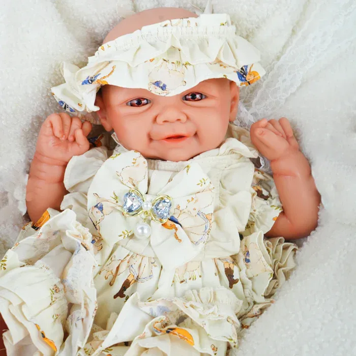 Reborn baby doll with realistic features, dressed in a floral outfit with a matching hat, perfect fo.