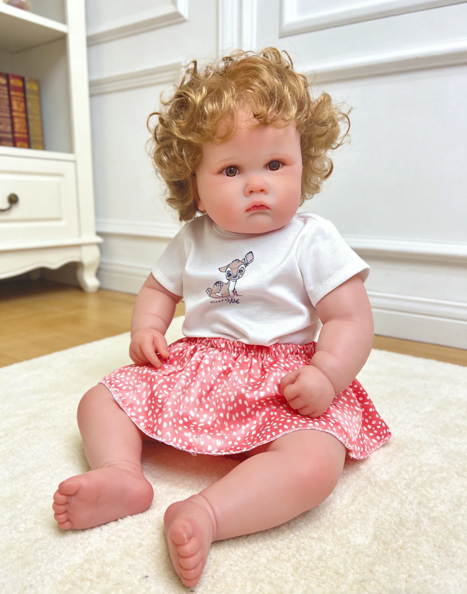 Irina The Real Reborn Dolls Silikoninė Vinilo Mergaitė 24 Inch 6 Atgimusi mergaitės lėlė su garbanotais plaukais, vilkinti baltą palaidinę su elnio raštu ir rožiniu marškinėliais.
