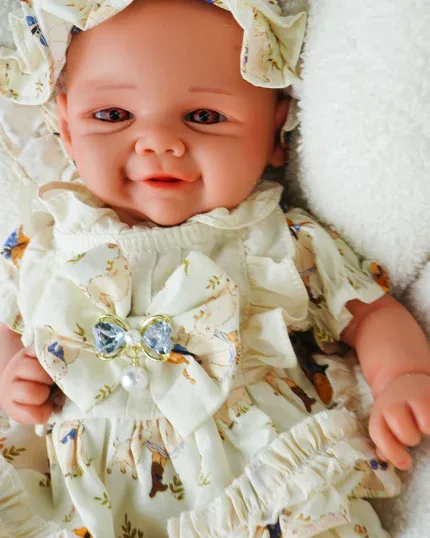 Reborn baby doll with realistic features wearing a detailed floral dress and matching headband, perf.