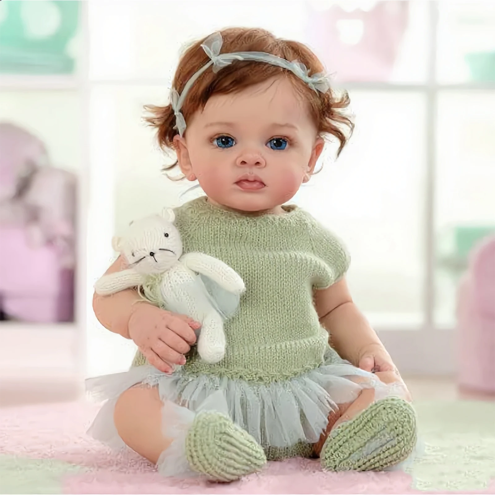 Boneca Reborn Aurora, menina de olhos azuis Menina adorável de olhos azuis segurando um coelhinho de pelúcia.