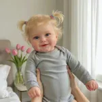 Yndig smilende babypige med blond hår og blå øjne, iført et gråt tøj.