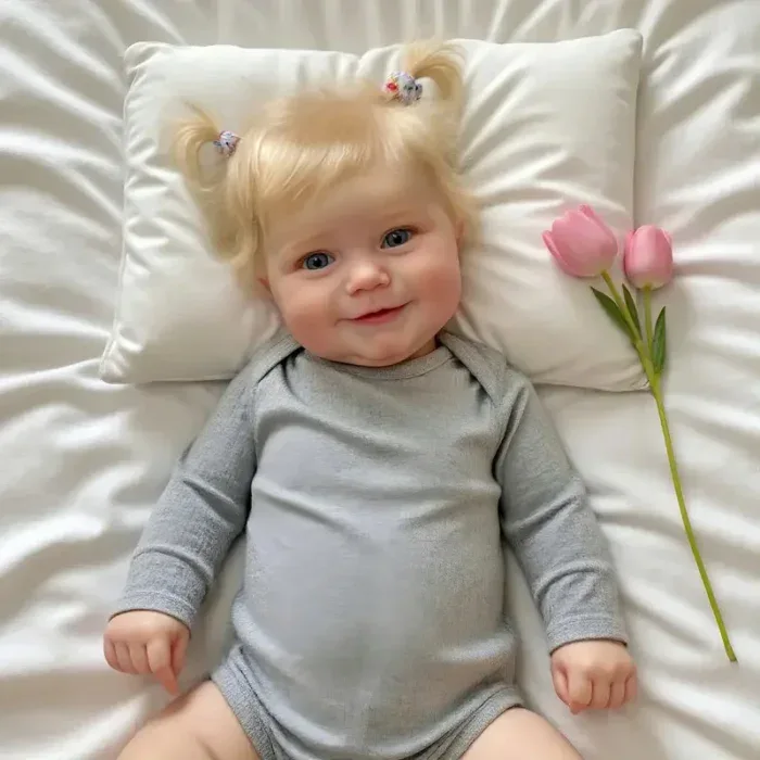 Sød baby pige liggende på pude med lyserøde tulipaner ved siden af hende.
