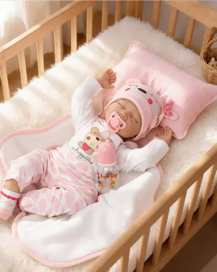 Lebensechte Babypuppe schläft in einem Kinderbett mit rosa Accessoires und einer Plüschdecke.