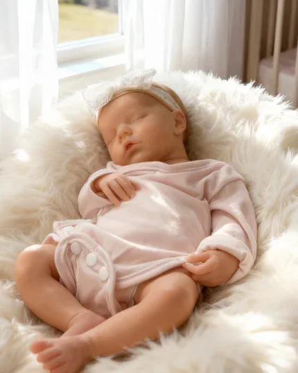 Boneca reborn de silicone, menina prematura dormindo de forma realista, vestida com um delicado conjunto rosa.