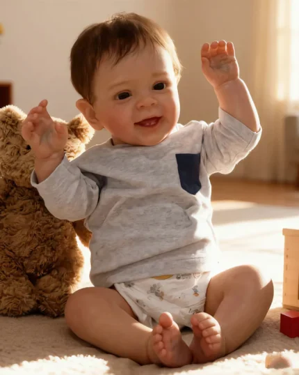 Criança alegre sentada no chão com seu ursinho de pelúcia e brinquedos.