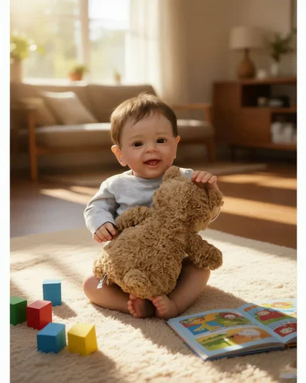 Happy toddler boy playing with teddy bear and book in living room.
