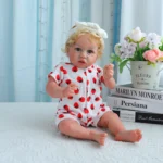 Poupée bébé réaliste aux cheveux blonds et vêtue d'une robe à fraises, sur un lit blanc.