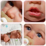 Poupée réaliste pour collectionneurs, avec des yeux bleus et des traits détaillés.