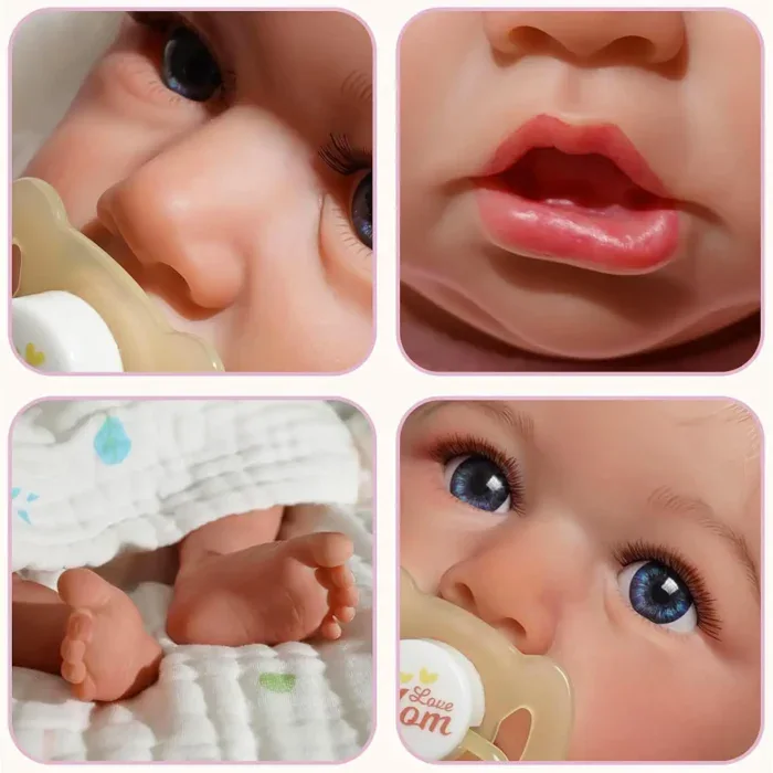 Poupée réaliste pour collectionneurs, avec des yeux bleus et des traits détaillés.
