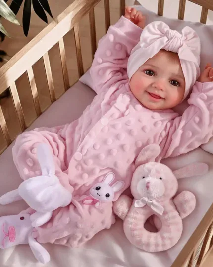 Sød genfødt babypigedukke i lyserødt outfit med plyslegetøj.