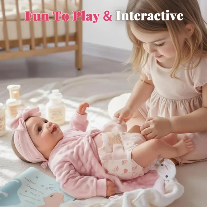 Ung pige leger med en realistisk genfødt babydukke på gulvet.