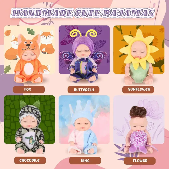 Kollektion af håndlavede pyjamas til 10 cm genfødte dukker i forskellige dyre- og fantasidesigns.