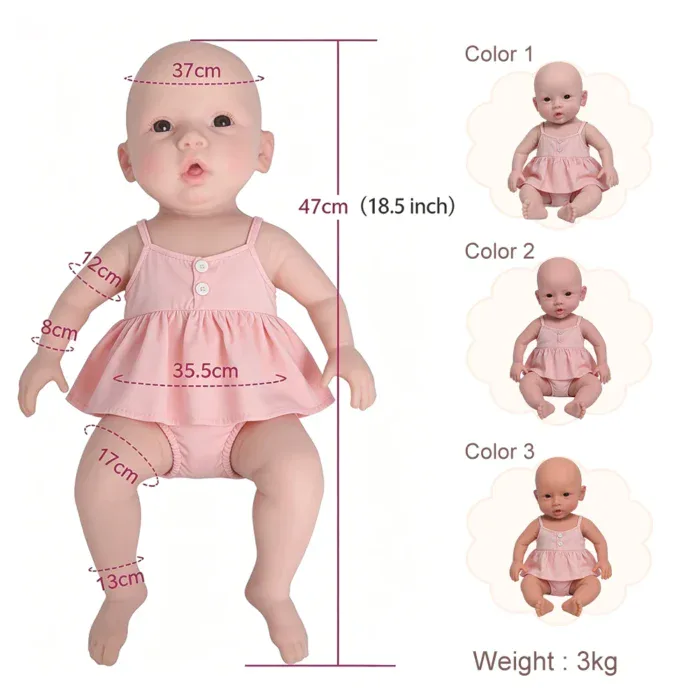 Poupée reborn grandeur nature, bébé fille, avec robe rose et traits détaillés.